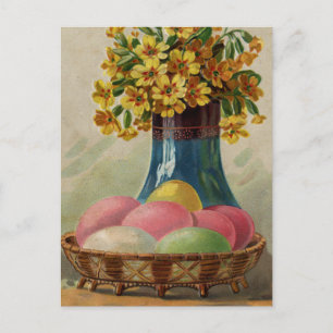 Easter Basket Eggs Flowers Antique Holiday Postcard