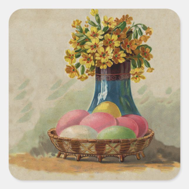 Easter Basket Eggs Flowers Antique Square Sticker (Front)