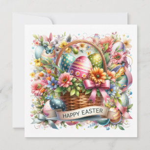 Easter Basket Eggs & Spring Flowers Holiday Card