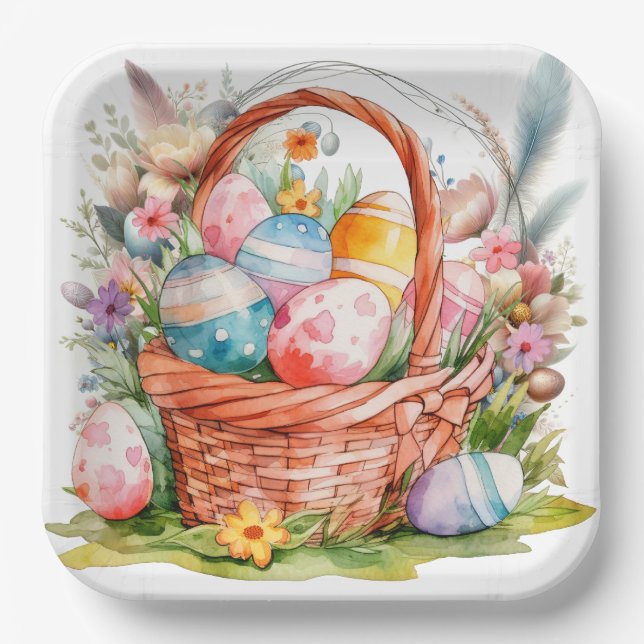 Easter Basket Eggs & Spring Flowers Paper Plate (Front)