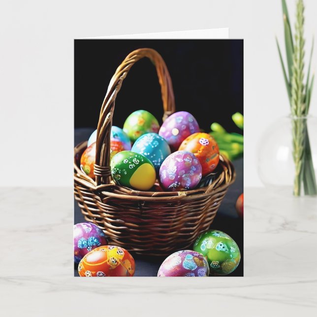 Easter Basket Filled With Colourful Eggs Holiday Card (Front)