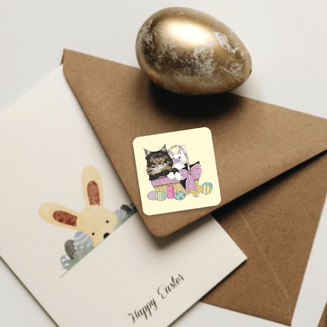 Easter Basket Tabby Kitten Square Sticker (Creator Uploaded)