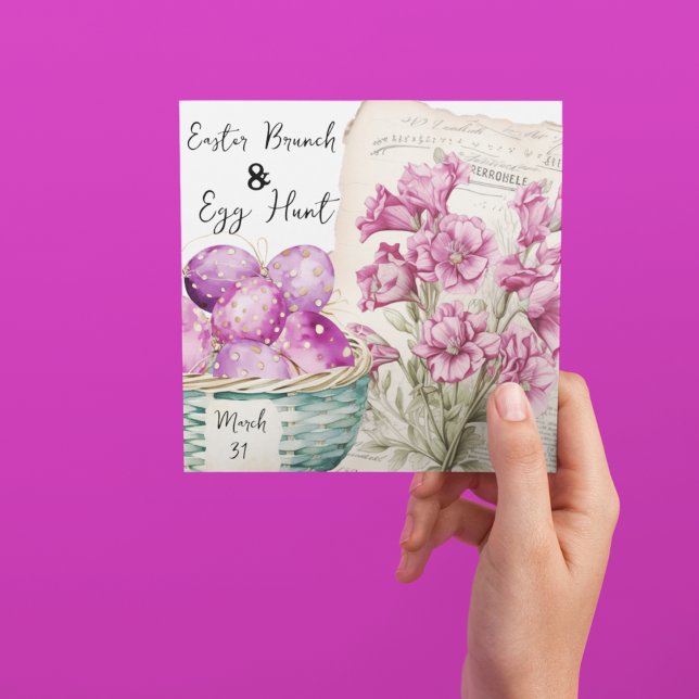 Easter Basket with Eggs and Ephemeral Flowers Invitation (Cute polka dotted Easter Eggs and Easter flowers on Brunch and Egg Hunt customizable invitation)