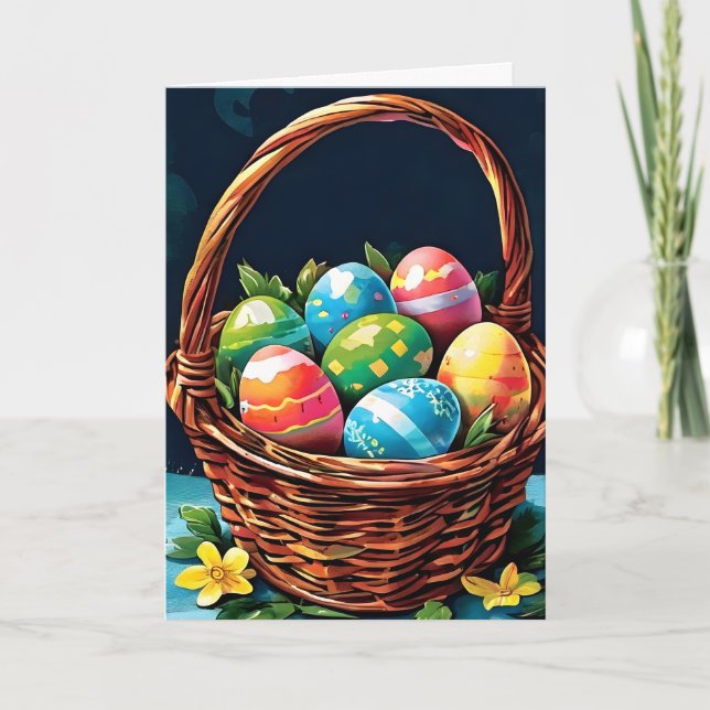 Easter Basket with Eggs and Flowers Holiday Card (Front)