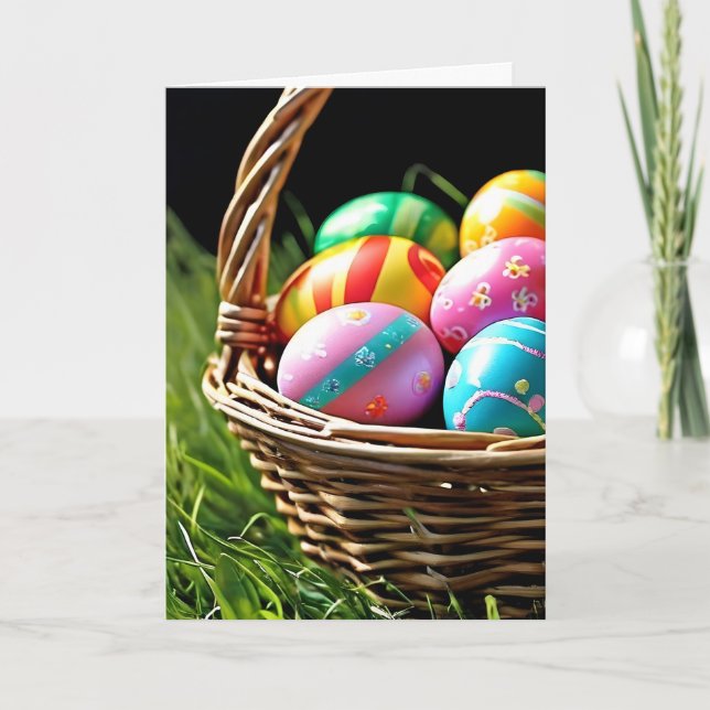Easter Basket with Eggs on Grass Holiday Card (Front)