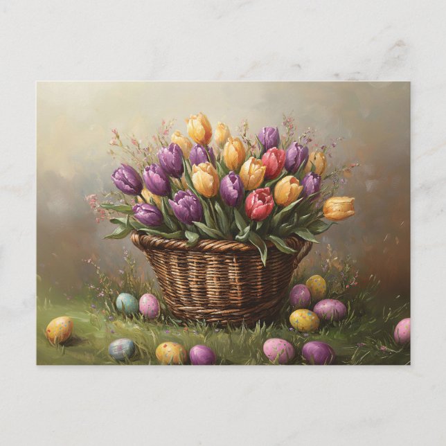 Easter Basket with Tulips and Eggs Postcard (Front)