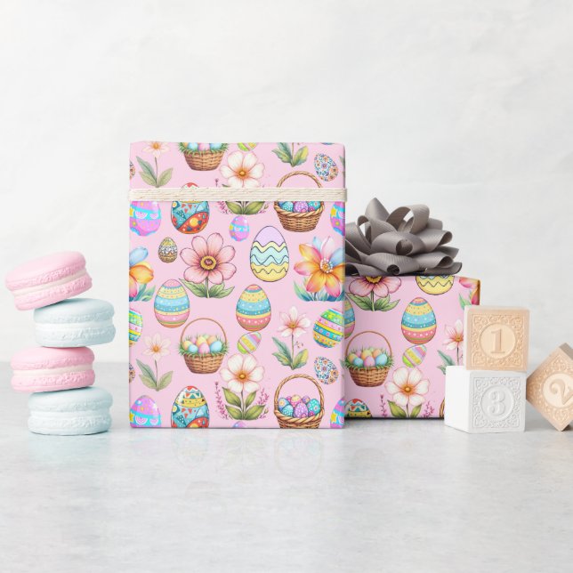 Easter Baskets and Eggs Pattern - soft pink Wrapping Paper (Baby Shower)