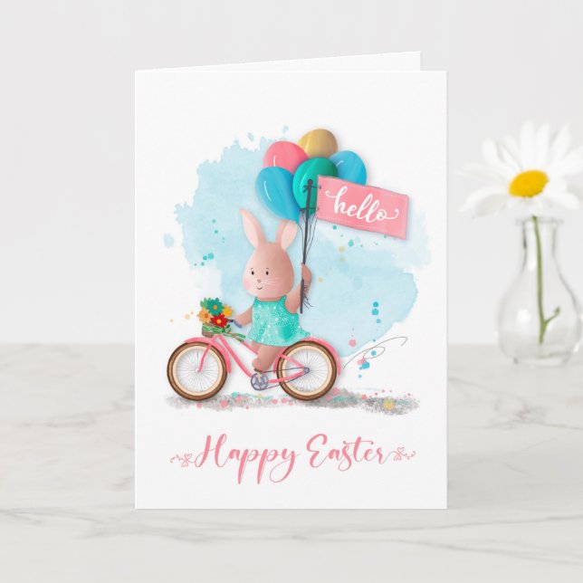 Easter Bicycle Bunny with Banner and Balloons  Card (Small Plant)