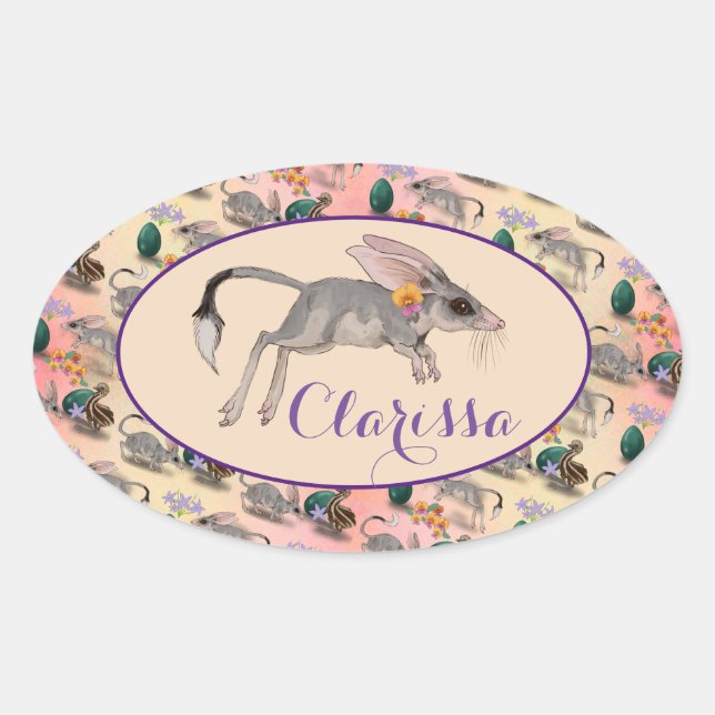 Easter Bilby & Australian Flowers Custom Name Oval Sticker (Front)