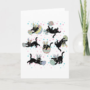 Easter Black Cat Poses Bunny Ears Eggs Cute Girls Card