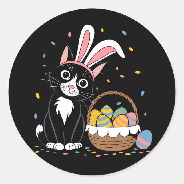 Easter Black Cat Tuxedo Rabbit Bunny Ears Eggs Classic Round Sticker (Front)