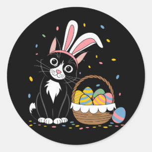 Easter Black Cat Tuxedo Rabbit Bunny Ears Eggs Classic Round Sticker