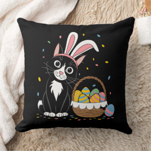 Easter Black Cat Tuxedo Rabbit Bunny Ears Eggs Cushion