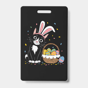 Easter Black Cat Tuxedo Rabbit Bunny Ears Eggs ID Badge