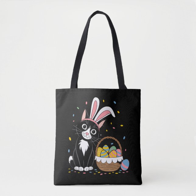 Easter Black Cat Tuxedo Rabbit Bunny Ears Eggs Tote Bag (Front)