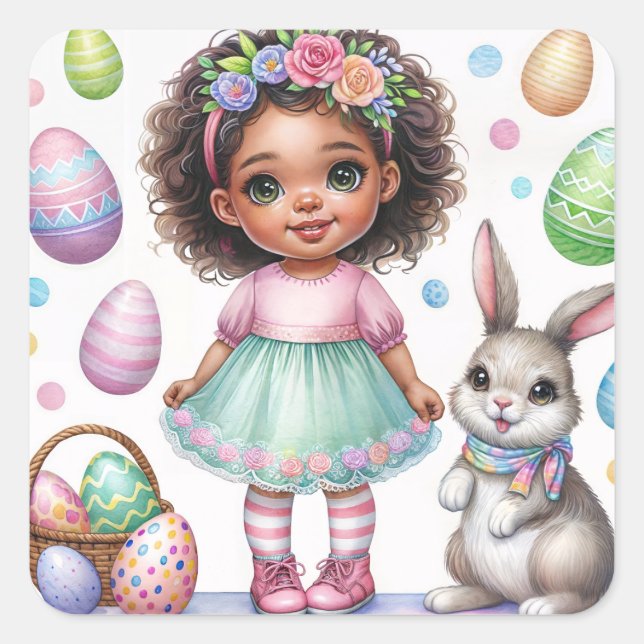 Easter Black Girl Watercolor Art Square Sticker (Front)