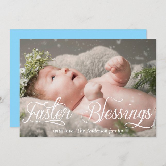 Easter Blessings Baby Family Blue Photo Holiday Card (Front/Back)