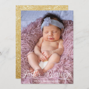 Easter Blessings Baby Family Gold Glitter Photo Holiday Card