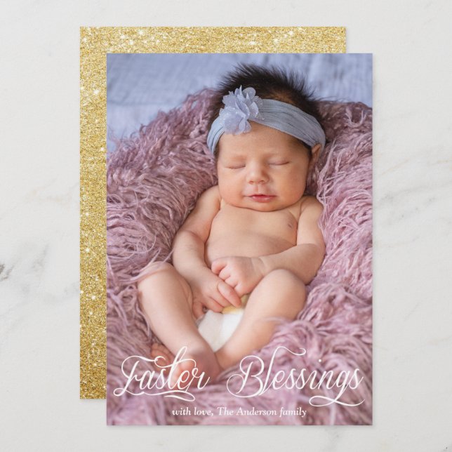 Easter Blessings Baby Family Gold Glitter Photo Holiday Card (Front/Back)