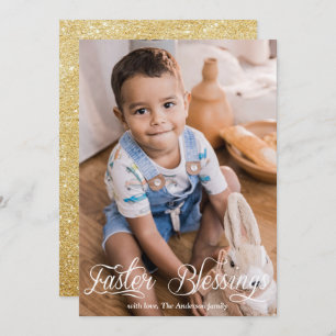 Easter Blessings Baby Family Gold Glitter Photo Holiday Card