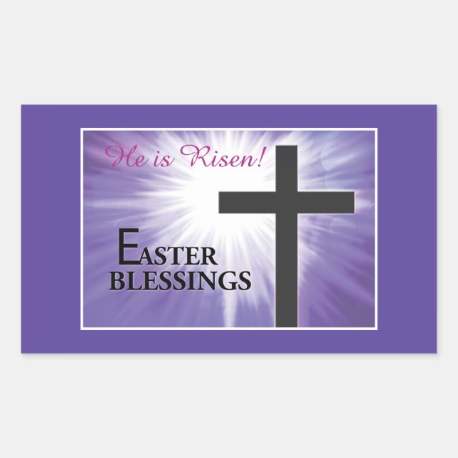 Easter Blessings Cross Starburst on Purple, Risen Rectangular Sticker (Front)
