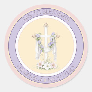Easter Blessings Cross with Lilies Classic Round Sticker
