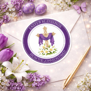 Easter Blessings Cross with Lilies Classic Round Sticker