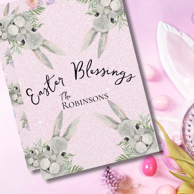 Easter Blessings Curious Grey Bunny Pink Leaves (Creator Uploaded)