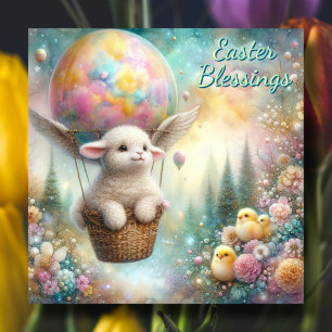 Easter Blessings Cute Lamb Chicks Hot Air Balloon Holiday Card