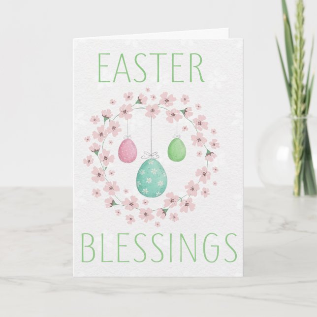 Easter Blessings Decorated Eggs Floral Wreath Card (Front)