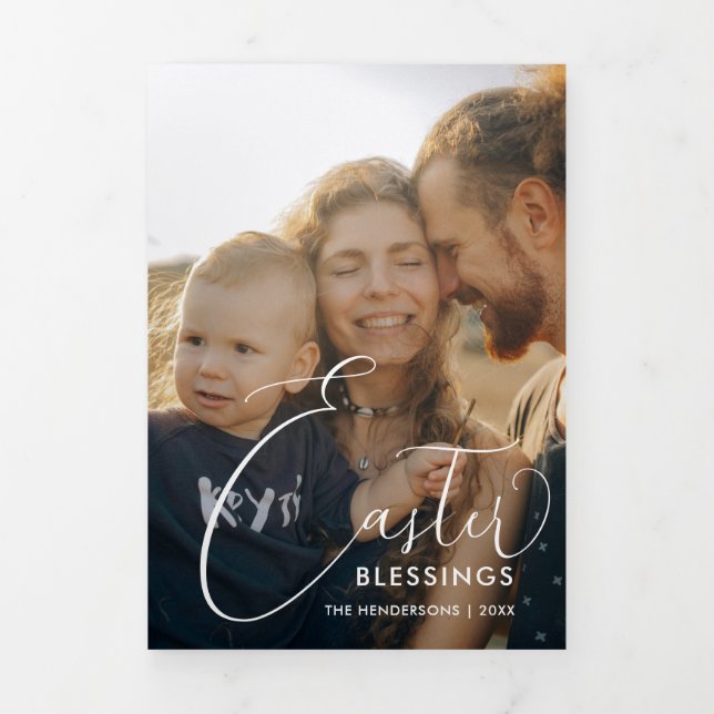 Easter Blessings Elegant Script Multi Photo Tri-Fold Holiday Card (Cover)