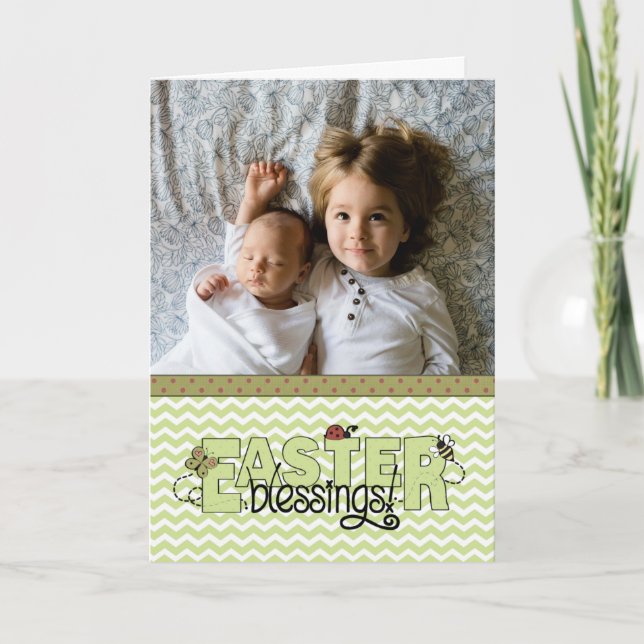 Easter Blessings, green chevron custom photo Holiday Card (Front)