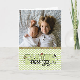 Easter Blessings, green chevron custom photo Holiday Card