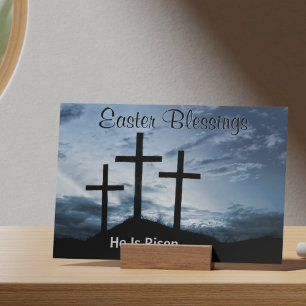 Easter Blessings He is Risen Crosses Blue Sunset Holiday Postcard