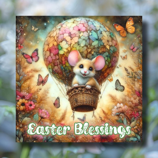 Easter Blessings Hot Air Balloon Mouse Butterflies Holiday Card (Creator Uploaded)