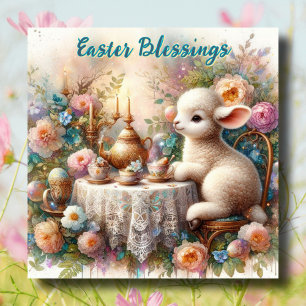 Easter Blessings Lamb Pastel Garden Tea Party Holiday Card