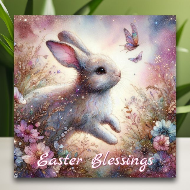 Easter Blessings Pink Floral Watercolor Bunny  Holiday Card (Creator Uploaded)