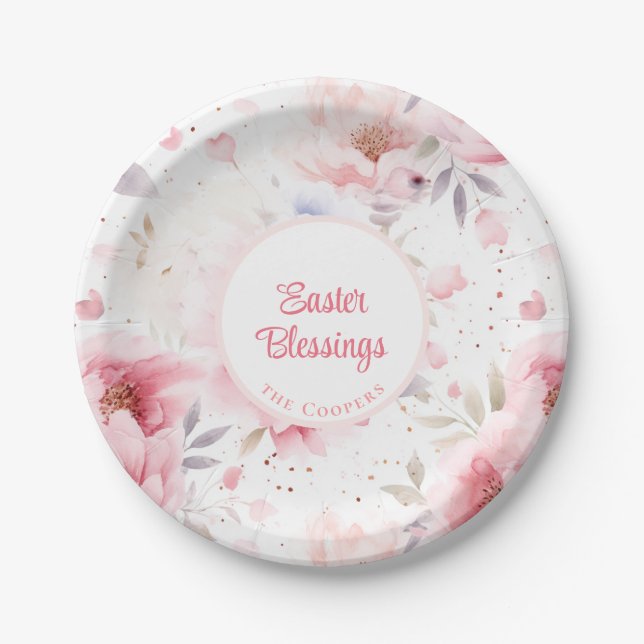 Easter Blessings | Pink Flowers Pattern | Easter Paper Plate (Front)