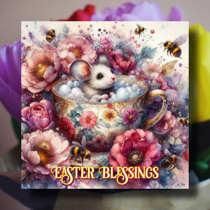 Easter Blessings Pink Purple Floral Teacup Mouse Holiday Card
