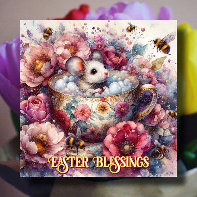 Easter Blessings Pink Purple Floral Teacup Mouse Holiday Card (Creator Uploaded)