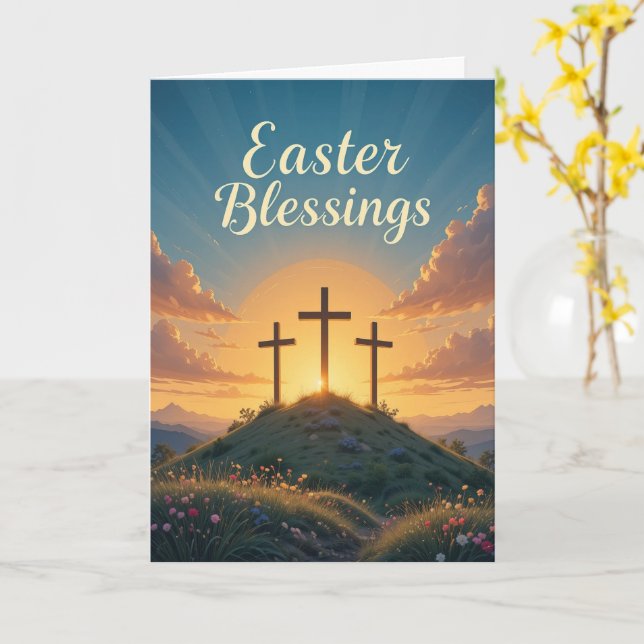 Easter Blessings Religious Crosses Blue Sky  Card (Yellow Flower)