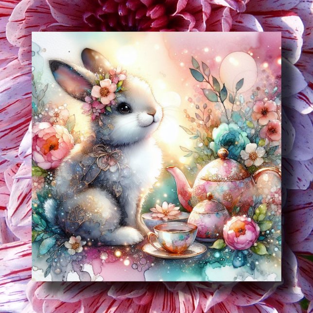 Easter Blessings Spring Tea Glitter Bunny Easter Holiday Card (Creator Uploaded)