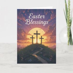 Easter Blessings Three Crosses Purple Sunset  Card