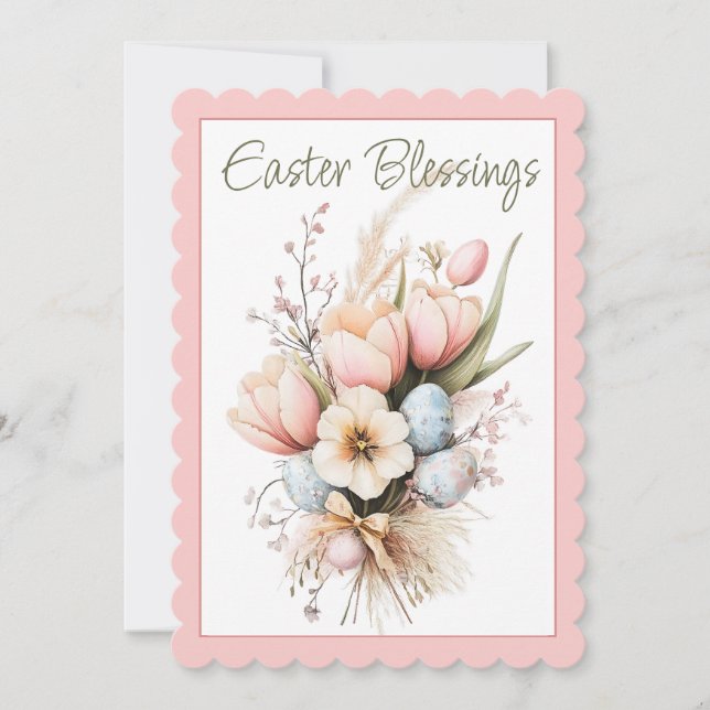 Easter Blessings Tulip Bouquet Scalloped Flat Card (Front)