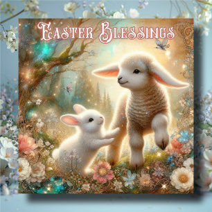 Easter Blessings Vintage Bunny and Lamb Floral  Holiday Card