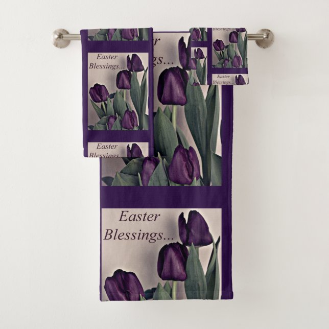 Easter Blessings w/Dark Purple Tulips Bath Towel Set (Insitu)