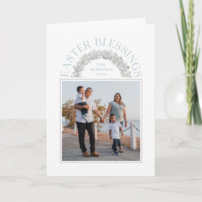 Easter Blessings Wreath Arch Photo Card - Blue (Front)