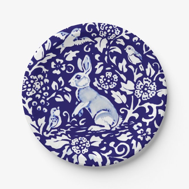 Easter  Blue White Rabbit Standing Bunny Delft Paper Plate (Front)