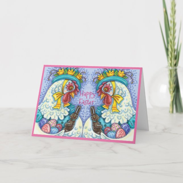 EASTER BONNET AND EGGS, SPRING CHICKEN Colourful Holiday Card (Front)