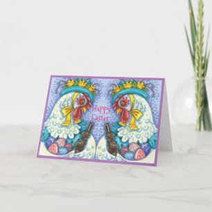 EASTER BONNET AND EGGS, SPRING CHICKEN Colourful Holiday Card